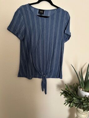 W5 Blue Striped Tie-Front Short Sleeve Top